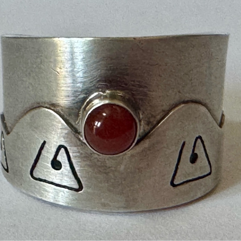 Sterling Silver ARTISAN Red Stone Wide Band Ring Modernist 8 Handmade Tribal